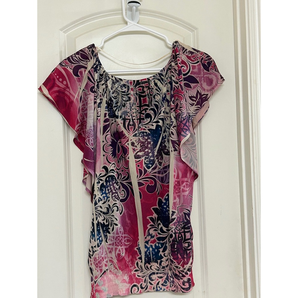 Apt 9 Floral Print Flutter‎ Sleeve Blouse Pink Purple White Size M